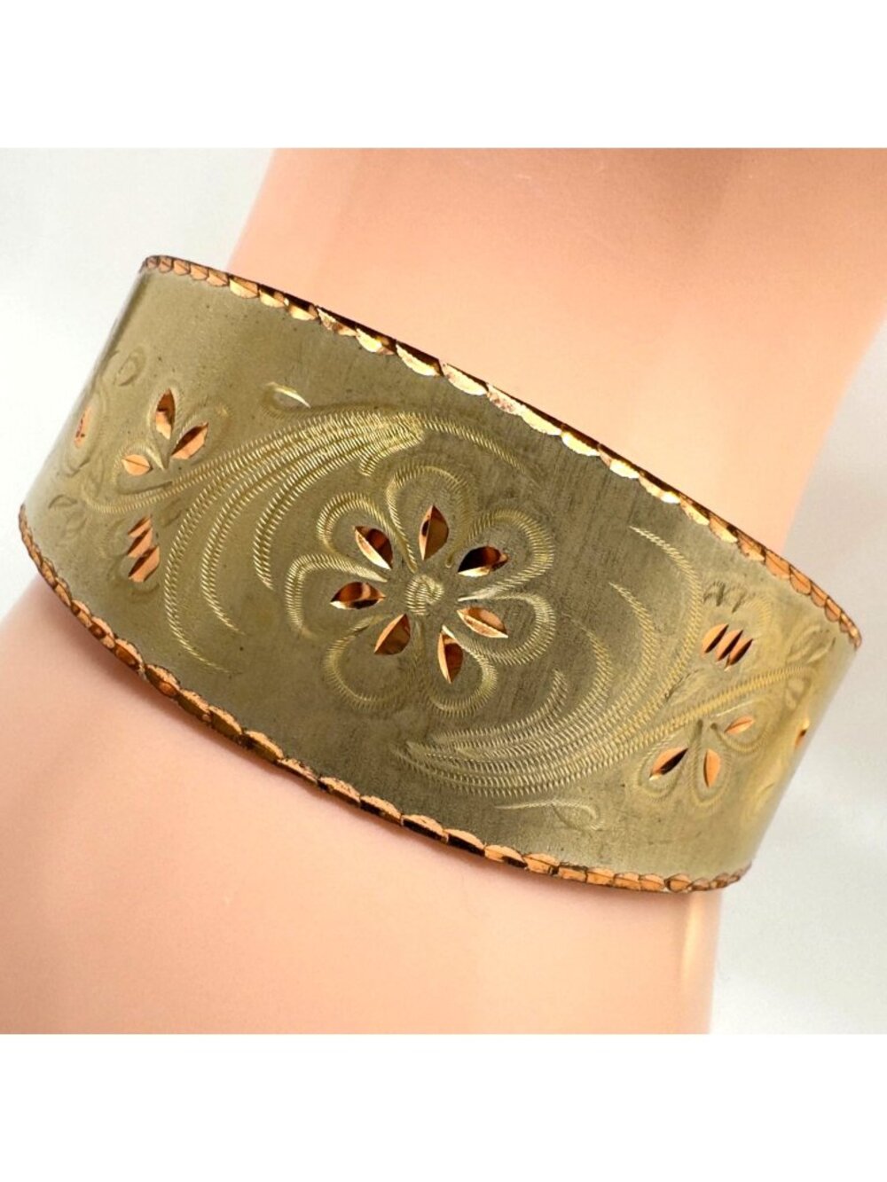 Brass Etched Cuff Bracelet Floral Design Copper 6.5" Circumference Adjustable